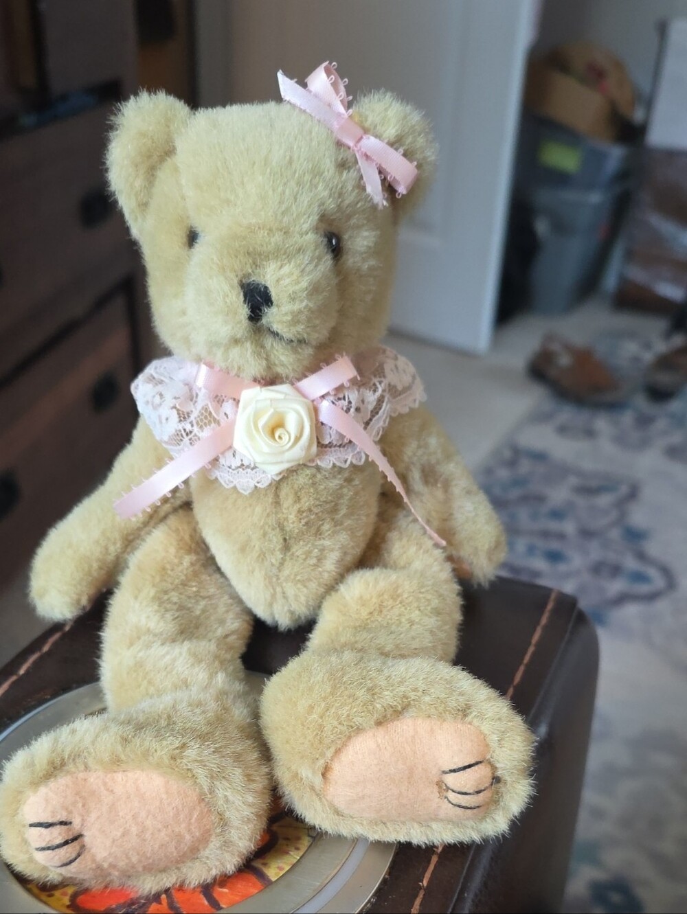 Plush Tinny 9" Teddy Bear with Pink Lace Bow and Rose Accent